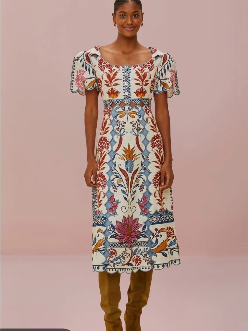 FARM Rio Cream Midi Dress with Multicolor Floral Folk Print